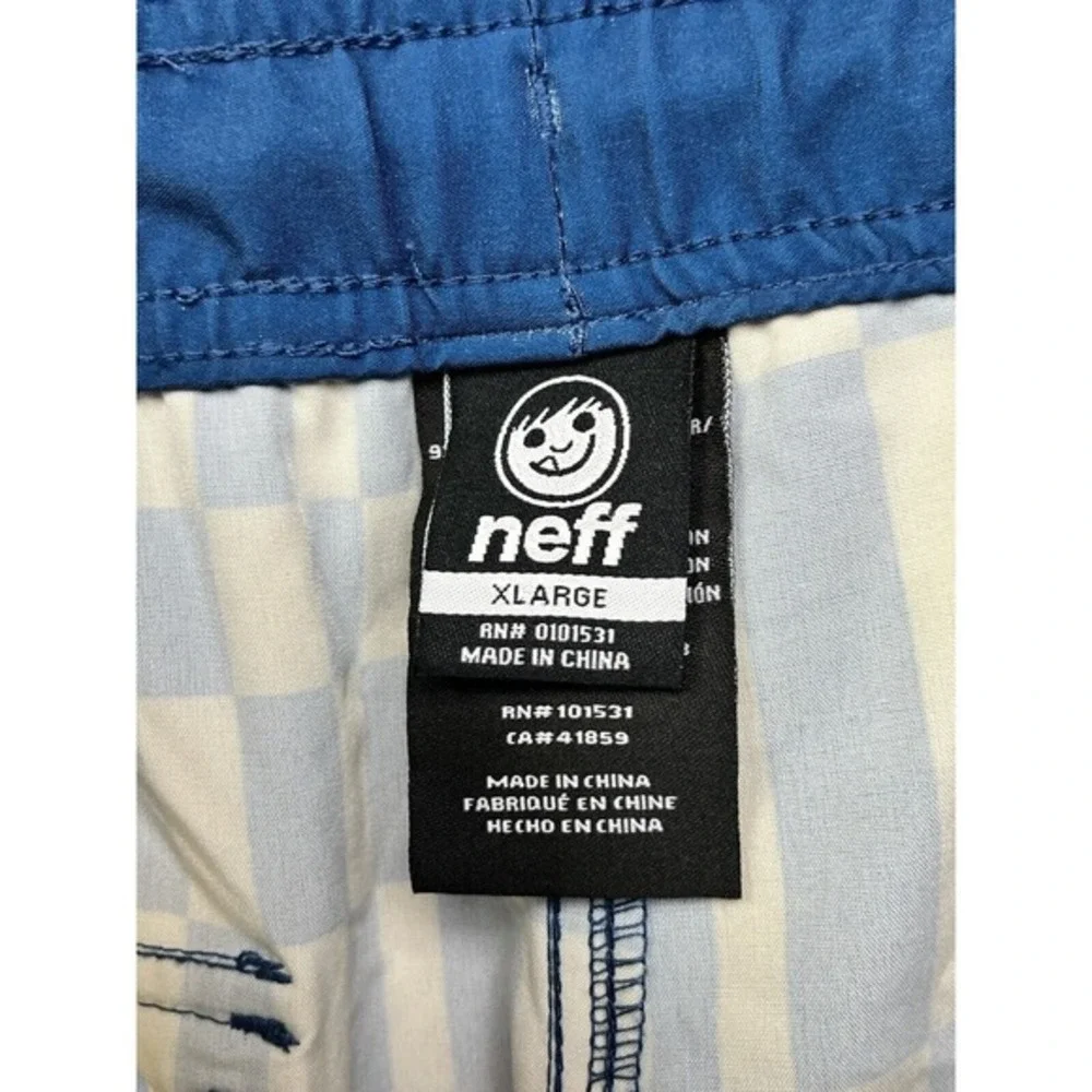 Neff Mens XL Board Shorts‎ Yellow Navy Blue Checkerboard Swim Trunks Drawstring